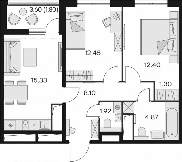 Двухкомнатная квартира 58.17 м²