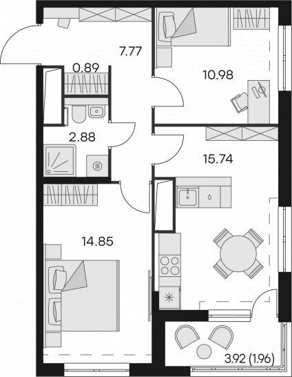Двухкомнатная квартира 55.07 м²
