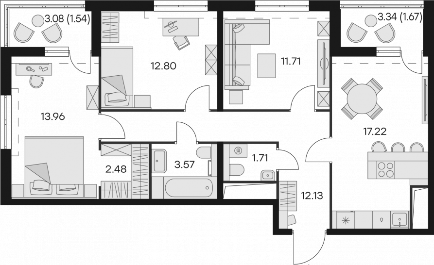 Трёхкомнатная квартира 78.79 м²