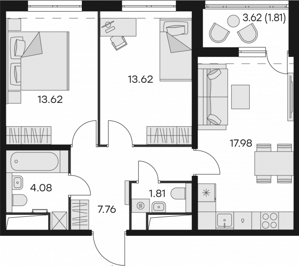 Двухкомнатная квартира 60.68 м²