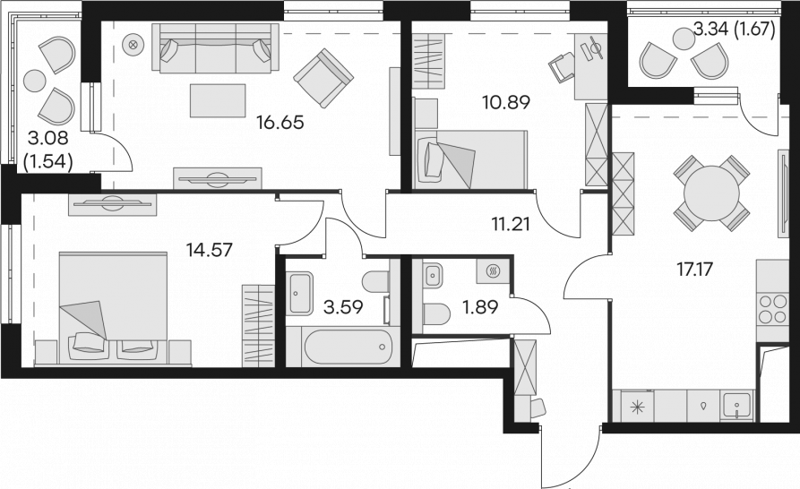 Трёхкомнатная квартира 79.18 м²