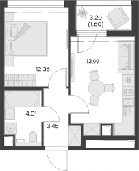 Однокомнатная квартира 35.39 м²