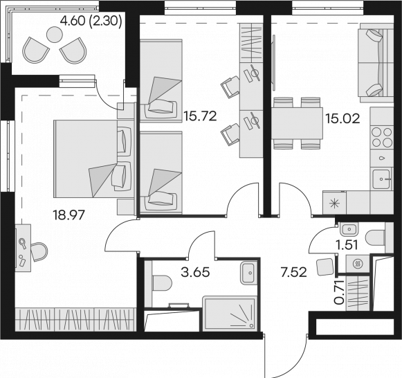 Двухкомнатная квартира 65.4 м²