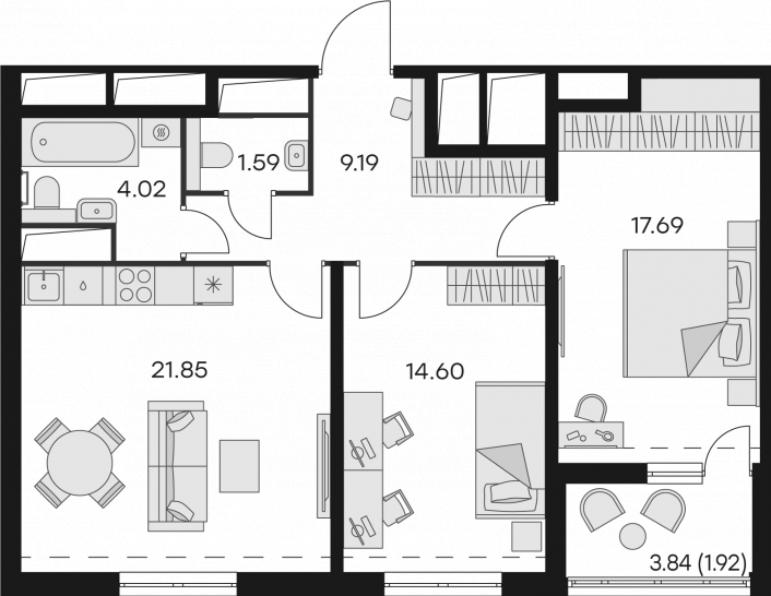 Двухкомнатная квартира 70.86 м²