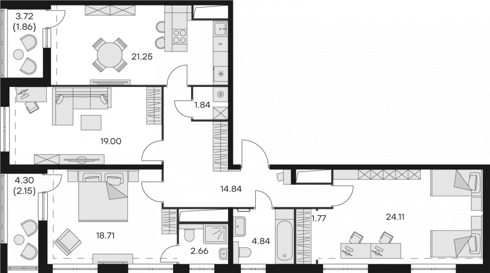 Трёхкомнатная квартира 113.03 м²