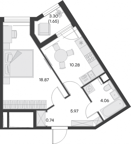 Однокомнатная квартира 41.57 м²