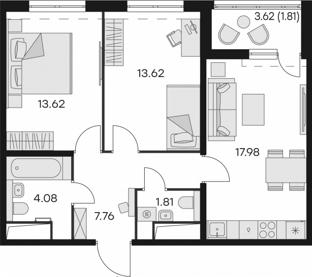 Двухкомнатная квартира 60.68 м²