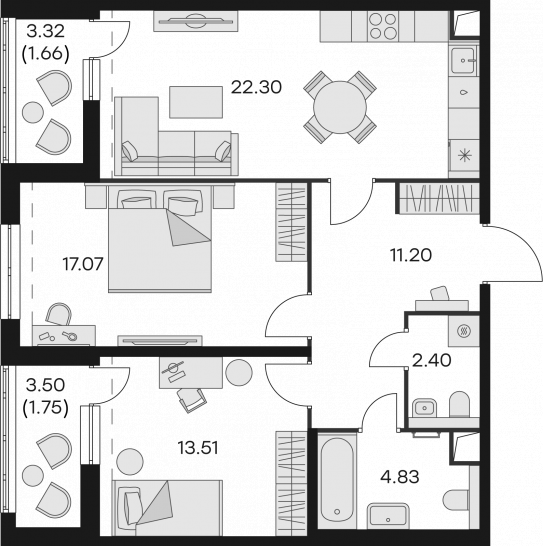Двухкомнатная квартира 74.72 м²