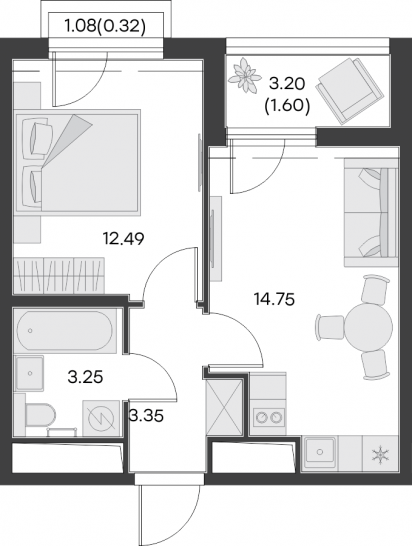 Однокомнатная квартира 35.76 м²