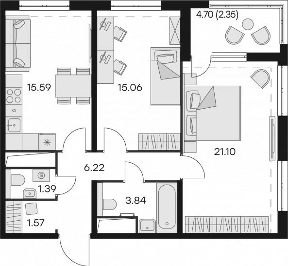 Двухкомнатная квартира 67.14 м²