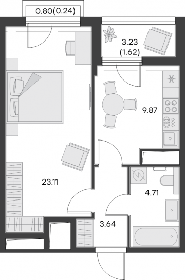 Однокомнатная квартира 43.18 м²