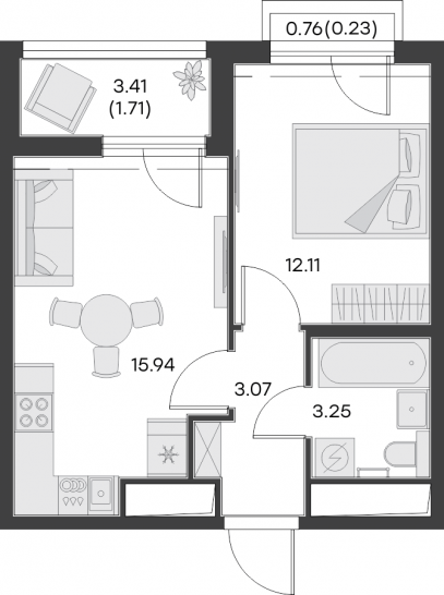 Однокомнатная квартира 36.31 м²