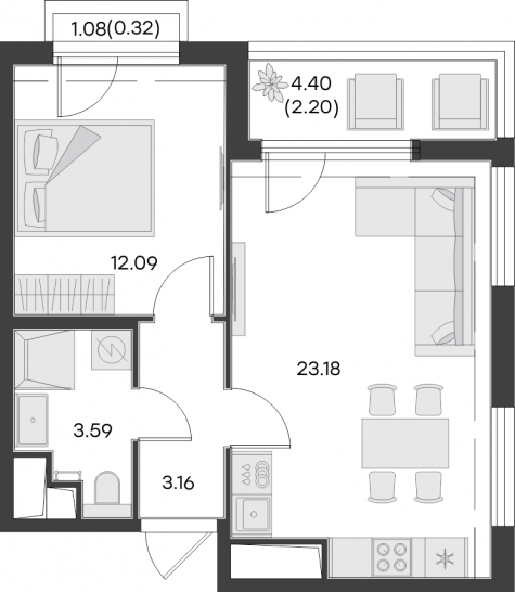 Однокомнатная квартира 44.54 м²