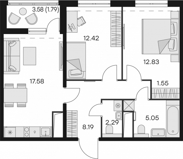 Двухкомнатная квартира 61.7 м²
