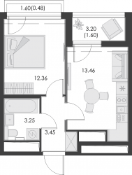 Однокомнатная квартира 34.6 м²