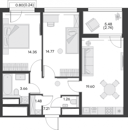 Двухкомнатная квартира 65.31 м²