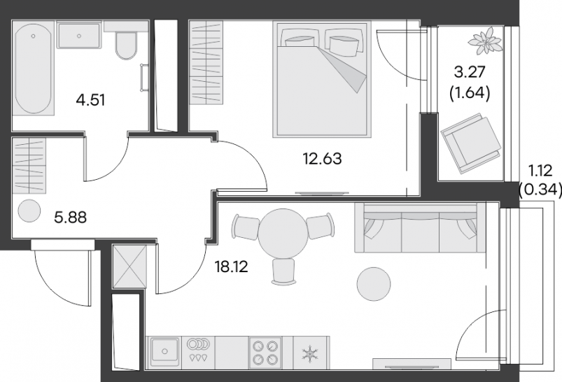 Однокомнатная квартира 43.11 м²