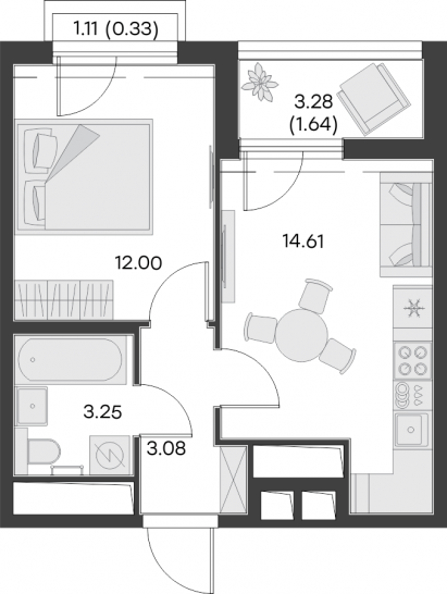 Однокомнатная квартира 34.91 м²