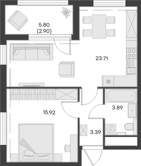Однокомнатная квартира 49.81 м²