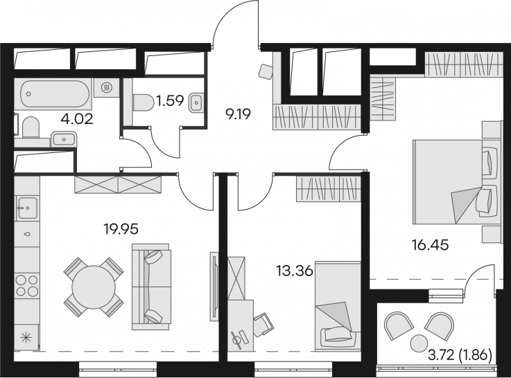 Двухкомнатная квартира 66.42 м²