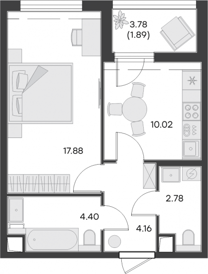 Однокомнатная квартира 41.13 м²