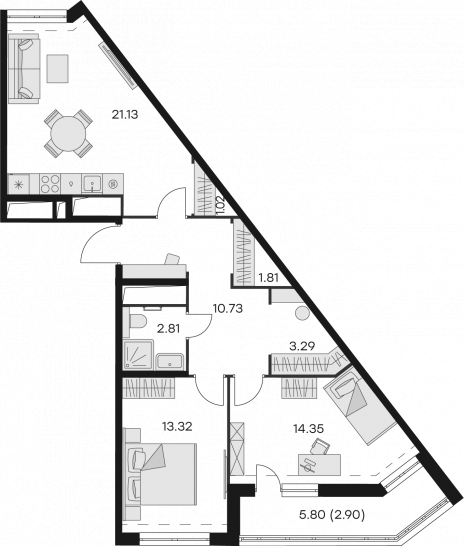 Двухкомнатная квартира 71.36 м²