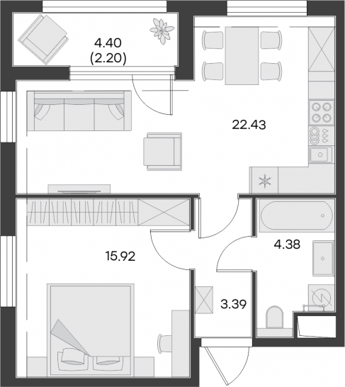 Однокомнатная квартира 48.32 м²