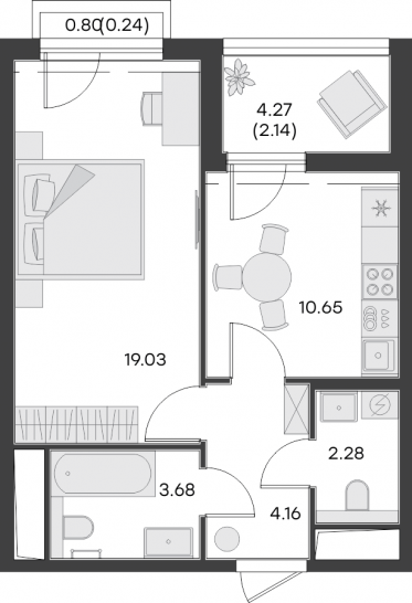 Однокомнатная квартира 42.17 м²