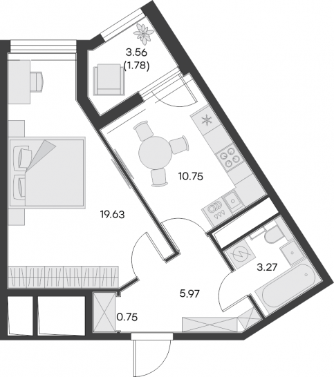 Однокомнатная квартира 42.15 м²