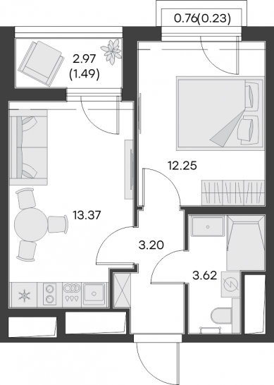 Однокомнатная квартира 34.16 м²
