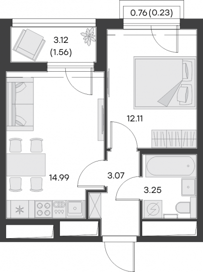 Однокомнатная квартира 35.21 м²