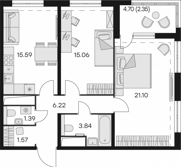 Двухкомнатная квартира 67.14 м²