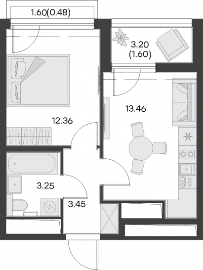 Однокомнатная квартира 34.6 м²