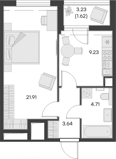 Однокомнатная квартира 41.11 м²