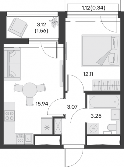 Однокомнатная квартира 36.27 м²