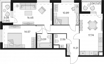 Трёхкомнатная квартира 80.42 м²