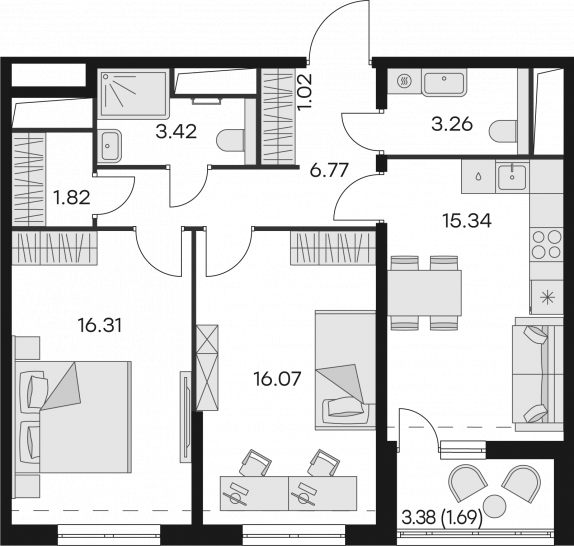 Двухкомнатная квартира 65.7 м²