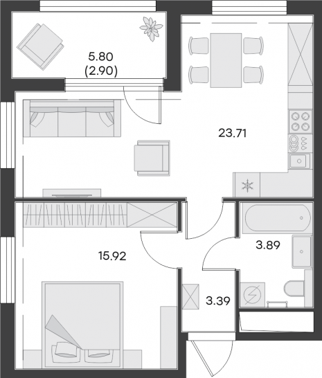 Однокомнатная квартира 49.81 м²