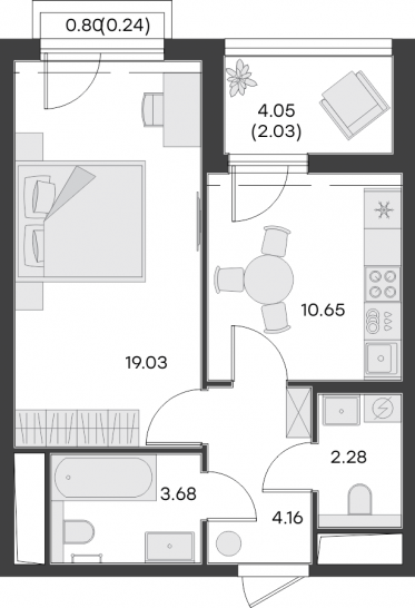 Однокомнатная квартира 42.07 м²