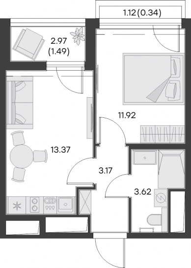 Однокомнатная квартира 33.91 м²