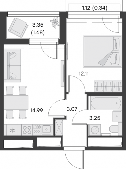 Однокомнатная квартира 35.44 м²