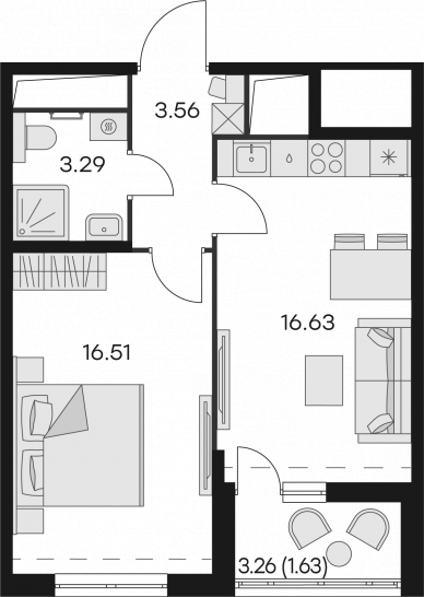 Однокомнатная квартира 41.62 м²