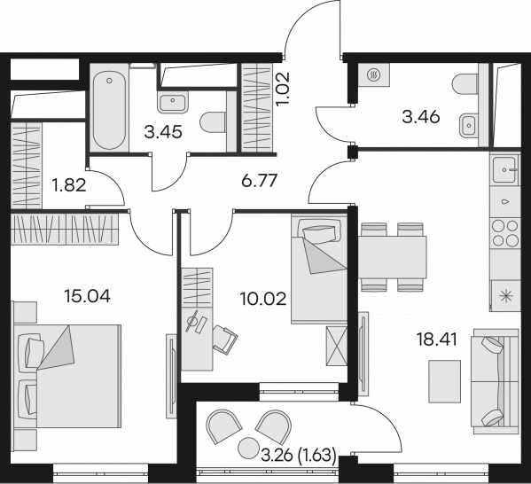 Двухкомнатная квартира 61.62 м²