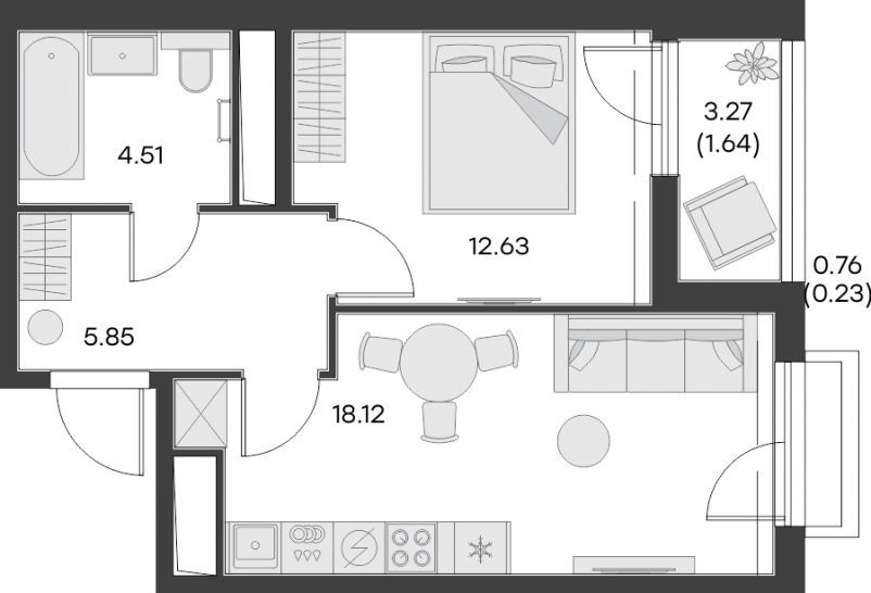 Однокомнатная квартира 42.97 м²