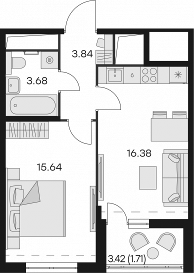 Однокомнатная квартира 41.25 м²