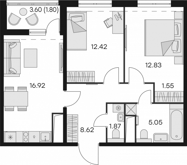 Двухкомнатная квартира 61.06 м²