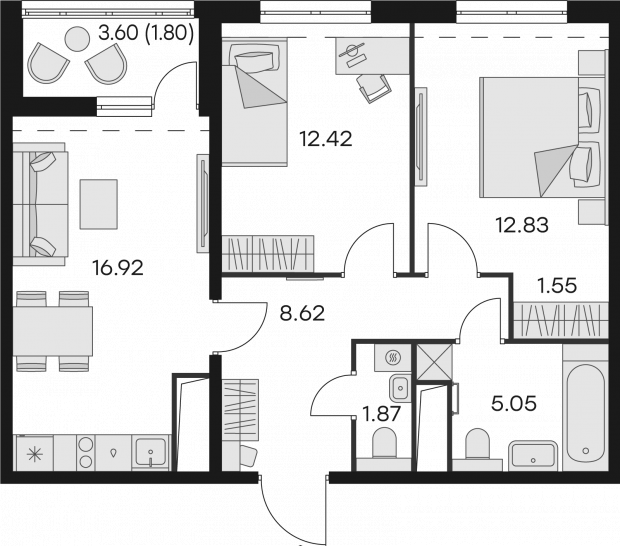 Двухкомнатная квартира 61.06 м²