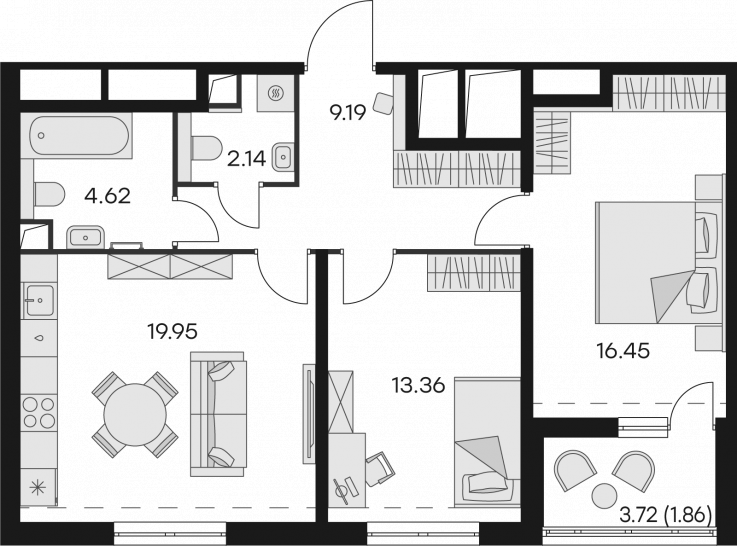 Двухкомнатная квартира 67.57 м²