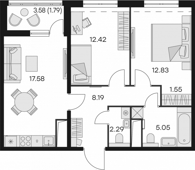 Двухкомнатная квартира 61.7 м²