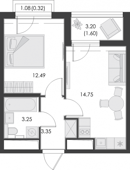 Однокомнатная квартира 35.76 м²